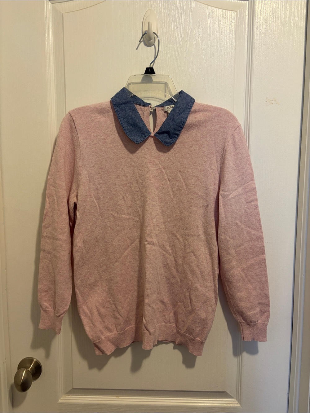 J. Crew Factory Pink Knit Sweater with Chambray Collar